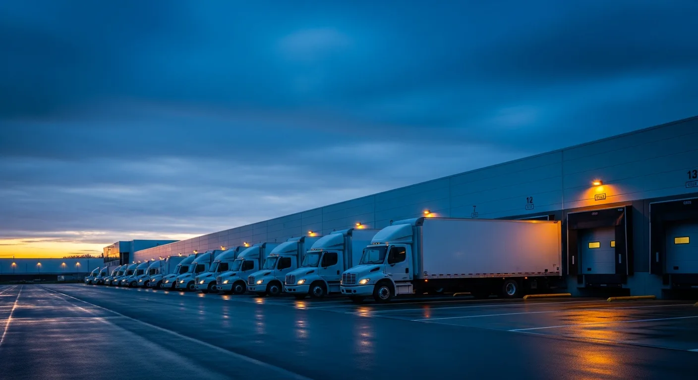 A fleet of Lapasar delivery trucks lined up at a warehouse loading dock at dusk